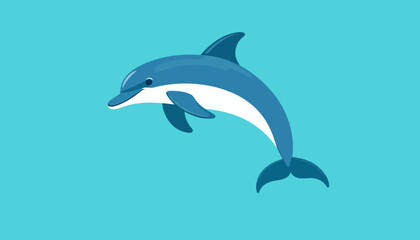 Flat vector illustration of a cheerful blue dolphin with a white underside, arched in a playful jump.