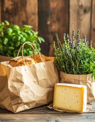 Fresh produce featuring cheese, herbs, and baked goods in eco-friendly packaging on a rustic wooden surface.