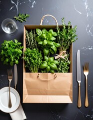 Fresh herbs arranged in a paper bag, perfect for culinary enthusiasts and healthy cooking inspiration.