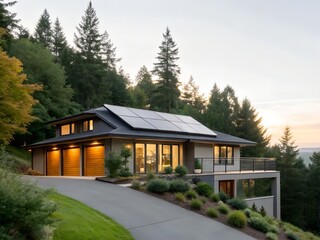 Modern Hillside Home with Solar Panels at Sunset
