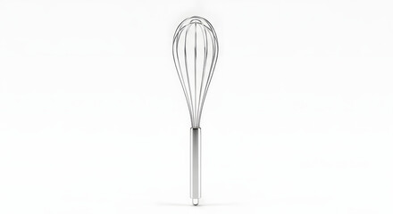 A stainless steel whisk isolated against a clean, bright white background.
