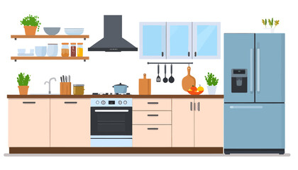 Modern kitchen interior illustration with appliances, furniture, and utensils. Flat vector design of a cozy cooking space.