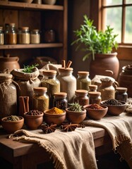 A rustic display of spices and herbs in jars and bowls, showcasing the rich variety of flavors and aromas.