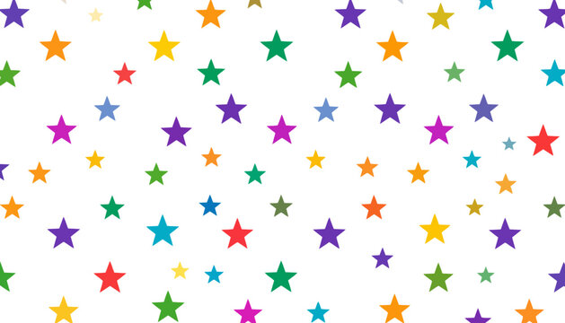 Vibrant seamless pattern of scattered multi-colored five-pointed stars of various sizes.