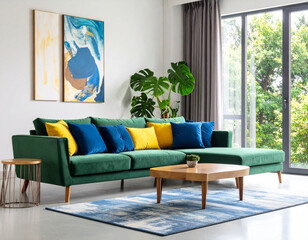 Modern living room design stylish green sofa with colorful cushions bright home environment contemporary aesthetic interior view