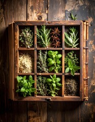 A rustic wooden display box filled with a variety of aromatic herbs, showcasing vibrant colors and textures.