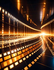 Futuristic tunnel with glowing lights and film strips, symbolizing innovation and the digital age.