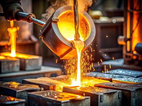 Molten Metal Pouring into Cast Iron Molds in Industrial Foundry