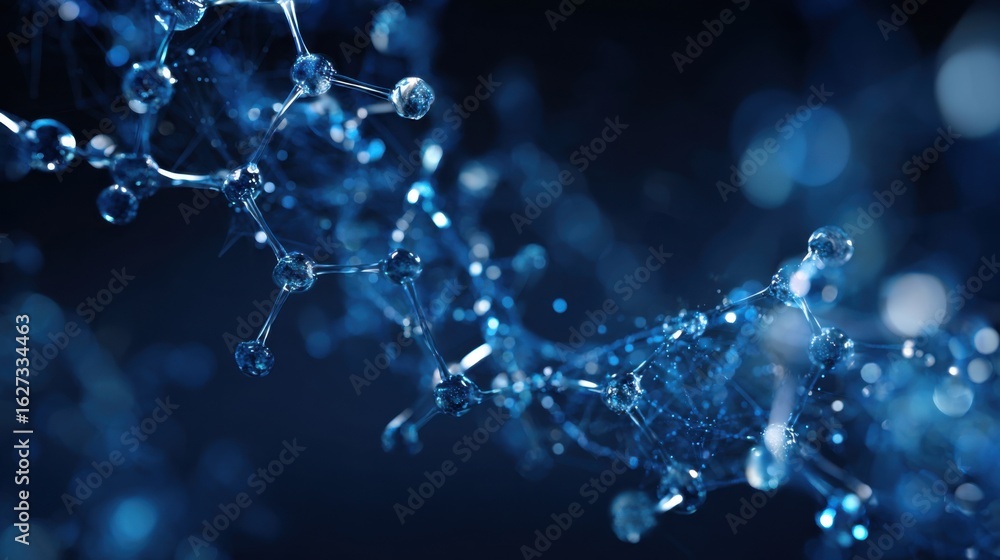 Poster a close-up view of a molecular structure set against a dark background, highlighted by blue light. t