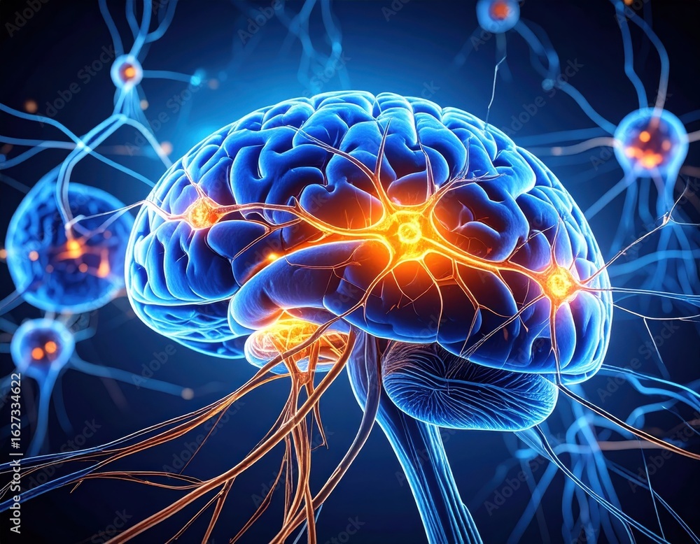 Aufkleber detailed 3d rendering of a human brain with glowing neural pathways and surrounding neurons. dark bl