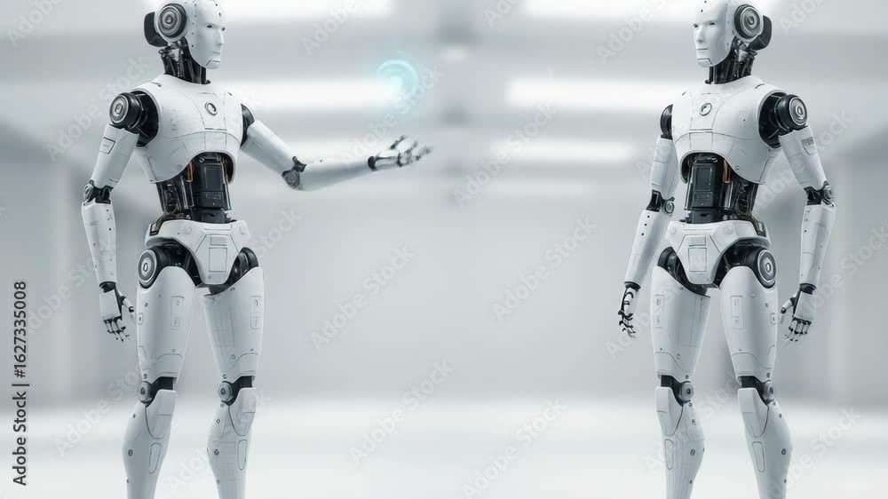 Poster two advanced robots interacting with holographic interfaces - two sleek, white humanoid robots stand