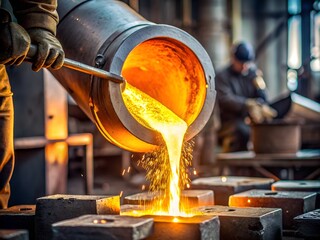 Worker Pouring Molten Metal into Cast in Industrial Foundry