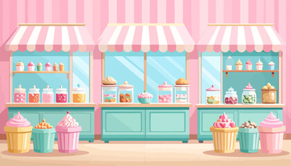 Charming pastel candy shop storefront with striped awnings, cupcakes, and jars of sweets.