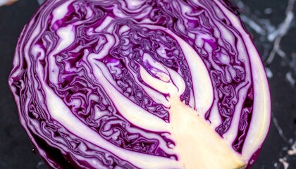 Fototapeta premium A vibrant cross-section of a red cabbage reveals intricate layers of purple and white, creating a striking and healthy vegetable close-up.