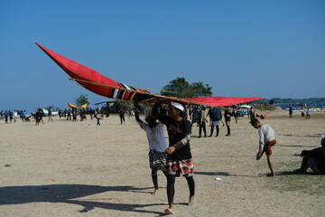 Group of boys carrying a large kite