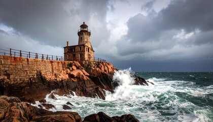 Striking panoramic view of the Ram Island Ledge Light off the coast of Maine, USA, as waves crash dramatically against the rugged rocks beneath an ominous stormy sky.