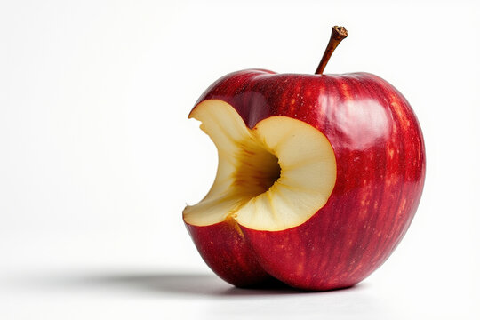 A Crisp Bite of Autumn Awaits A Close Up of a Red Apple with a Bite Taken Out Against a Clean White Backdrop Symbolizing Healthy Eating