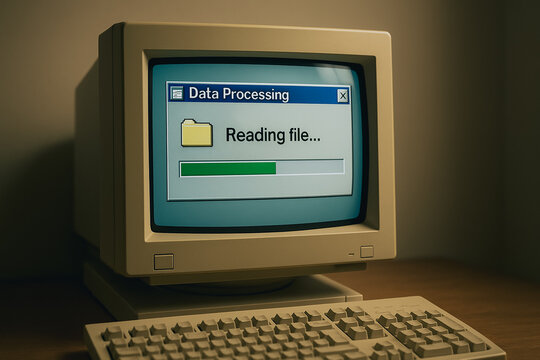 Vintage Computer Display: An old computer monitor displays a data processing interface, capturing the nostalgia of early computing era, a blend of history and technology.