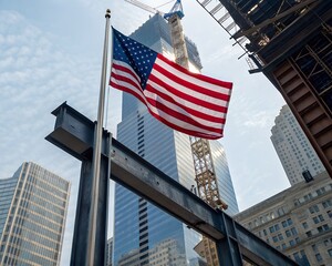 American Flag Waves Against Skyscraper Under Construction