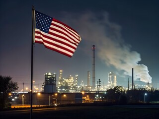American Flag Waves at Night Against Industrial Plant Background