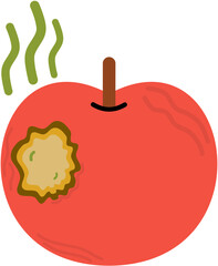 A flat vector illustration of a damaged apple, unpleasant smell, and wilted texture