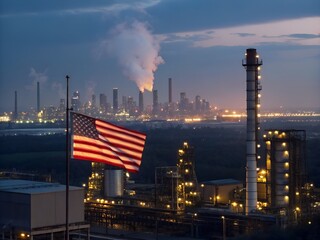 American Flag Waves Over Night Industrial Cityscape