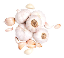 Top view fresh peeled garlic cloves, bulb with slices on white background.