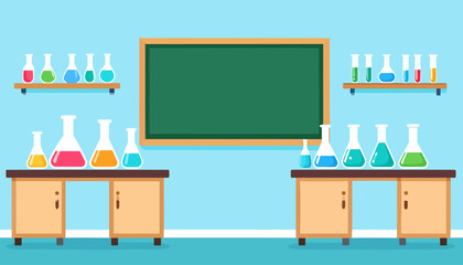 Colorful chemistry laboratory classroom with beakers, flasks, and a green chalkboard. Flat vector illustration of a school science room.