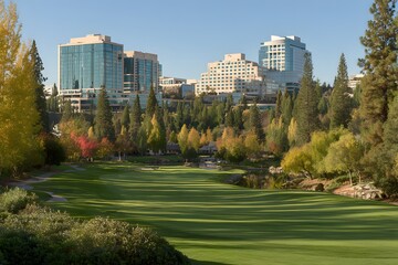 Serene Green Valley With Distant City Buildings