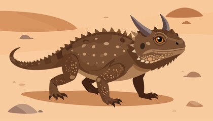 Brown horned lizard illustration with a spiky back, spotted skin, and large orange eyes.