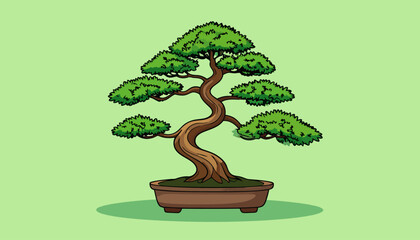 Stylized cartoon bonsai tree with a gracefully curved trunk, lush green foliage, and a brown ceramic pot.