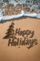 Fototapeta premium Happy Holidays Message in Neat Beach Sand Letters with Minimalist One-Line Christmas Tree Beside Text
