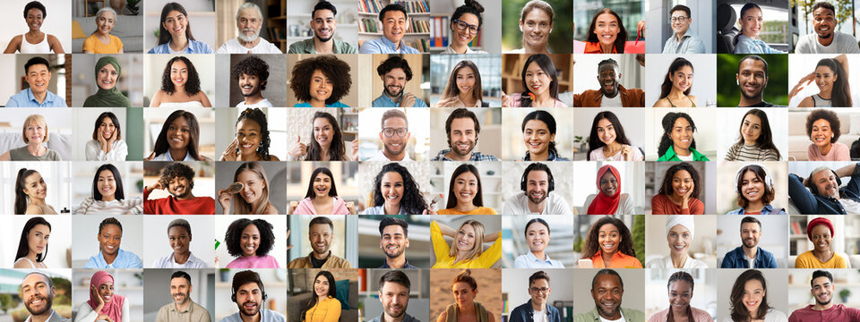 A joyful collection of diverse individuals showcasing their unique backgrounds and expressions in a lively setting.