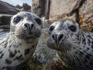 Close-up shows harbor seal pair engaging in playful flipper touching with prominent whiskers and expressive faces in rocky coastal environment for joy concepts.