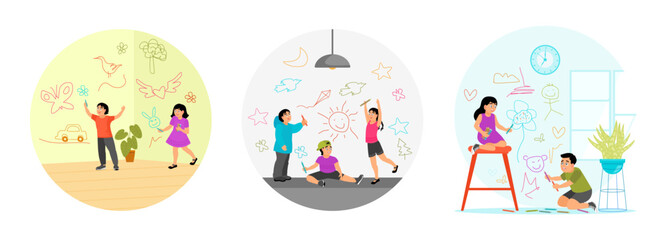 Children Drawing on Wall. Drawing Doodles with Crayon. Siblings kids drawing with crayon at home.