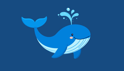 Adorable blue cartoon whale with rosy cheeks, spouting water from its blowhole.