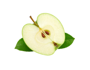 Juicy green apple half cut open to show the core seeds and stem resting on fresh green leaves.