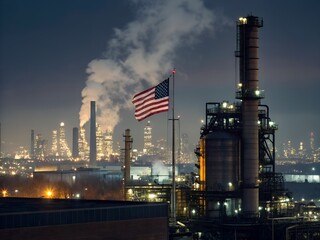 Illuminated Oil Refinery at Night with American Flag