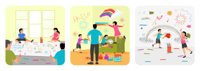 Drawing on big paper. Painted the walls under the supervision of father. Create Colorful Rainbows.