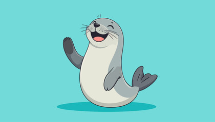 Cheerful gray cartoon seal character with a joyful smile, waving its flipper in a friendly greeting.