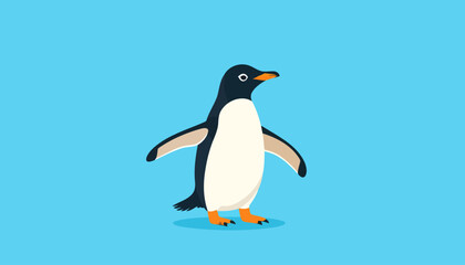 Obraz premium Cute cartoon Gentoo penguin standing with outstretched flippers. Flat vector illustration of an arctic bird with orange beak and feet.