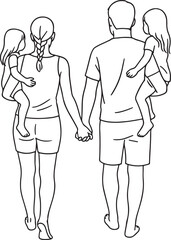 Family walking away line drawing sketch silhouette design vector illustration