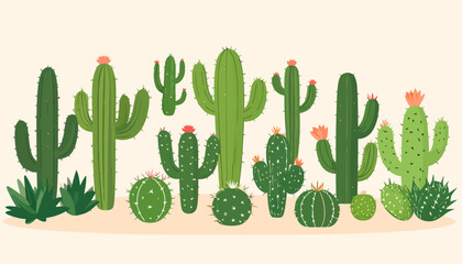 A vibrant collection of illustrated desert cacti, including saguaro and barrel types, adorned with colorful flowers.