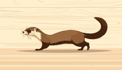 Illustrated brown ferret with a long slender body and bushy tail, walking in profile view.
