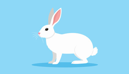 Obraz premium Cute white rabbit with long pink ears and fluffy tail, standing in profile. Flat vector illustration.