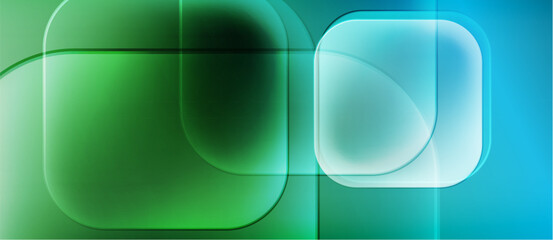 Abstract composition. Overlapping translucent squares, curves, gradients. Green, blue hues create modern visual effect. Smooth transitions. © antishock