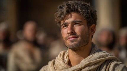 Obraz premium Cinematic scene of women entering a glowing doorway as others run from the darkness toward the light.