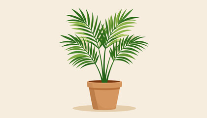 Lush green palm houseplant with feathery fronds in a terracotta pot, flat vector illustration.