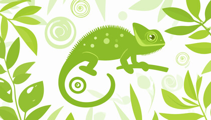 Stylized green chameleon with spots, a spiky crest, and a curled spiral tail.