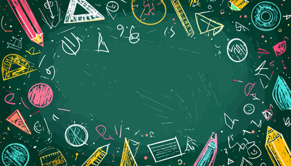 Sketchy frame of colorful school supplies and doodles drawn with chalk on a green board.